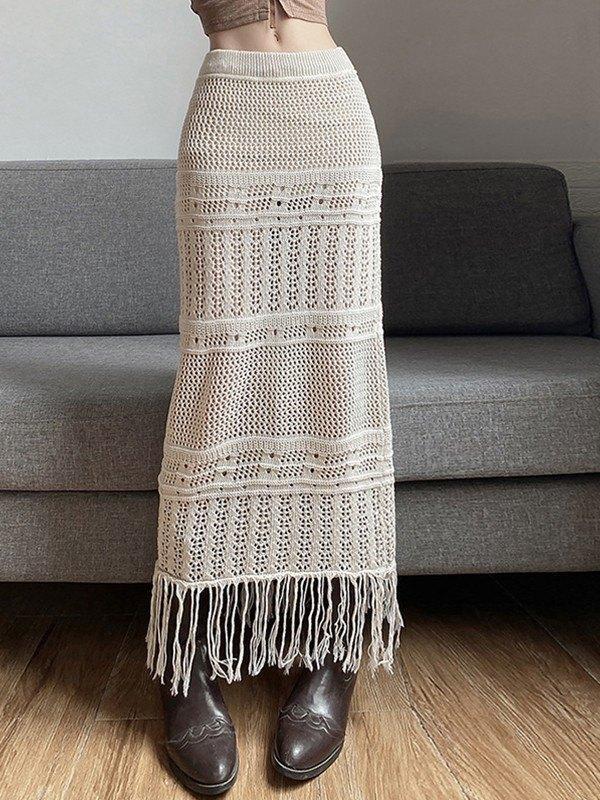 Fringed Crochet Hollow Knit Long Skirt Product Image