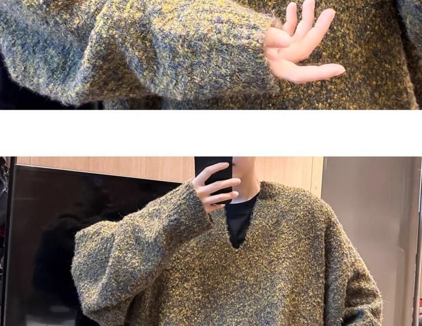 Notch Neck Plain Oversized Sweater Product Image