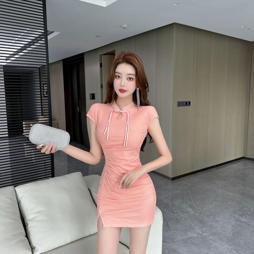 Set: Cap-Sleeve Cutout Plain Mini Bodycon Dress + Arm Sleeves Product Image