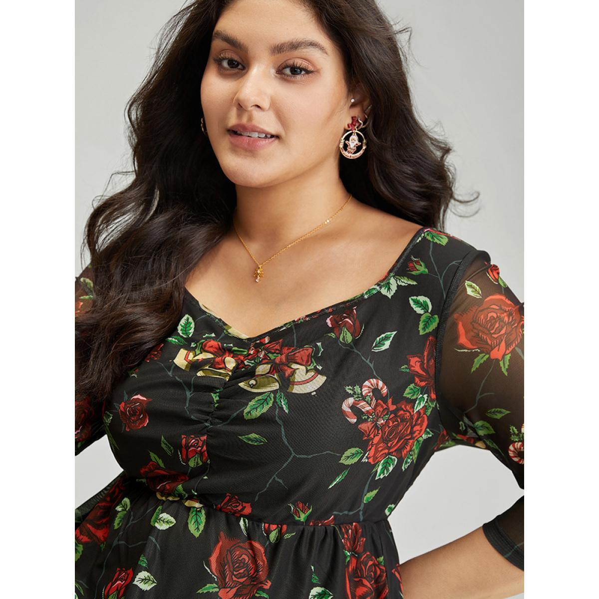 Plus Size Floral Square Neck Mesh Gathered Dress Black Women Office Gathered Square Neck Half Sleeve Curvy Midi Dress BloomChic 10/M Product Image