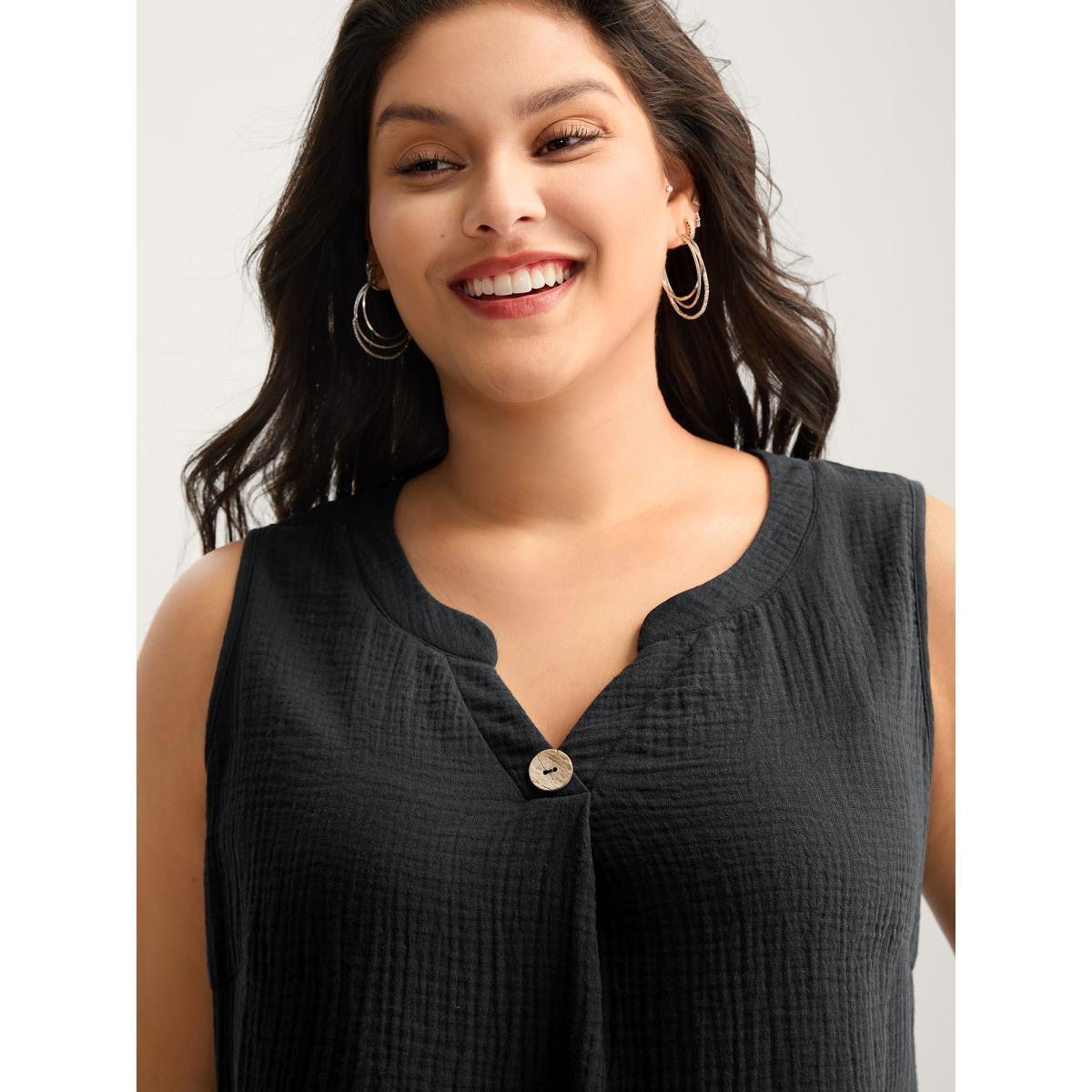 Plus Size Cotton Button Front Solid Tank Top Women Black Texture Flat collar with V-notch Everyday-Casual Tank Tops Camis BloomChic 14-16/1X Product Image