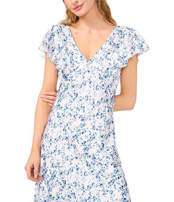CeCe Floral Print V-Neck Short Ruffle Sleeve Maxi A-Line Dress Product Image