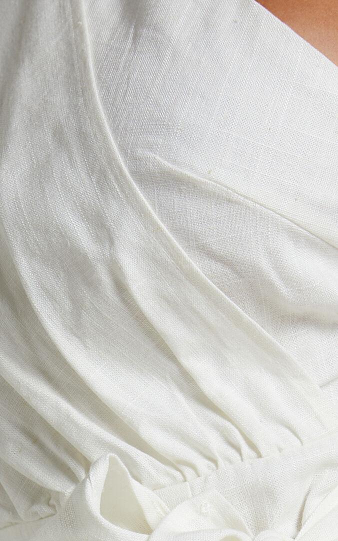 Harper Mini Dress - Linen One Shoulder Gathered Wrap Waist Dress in White Product Image