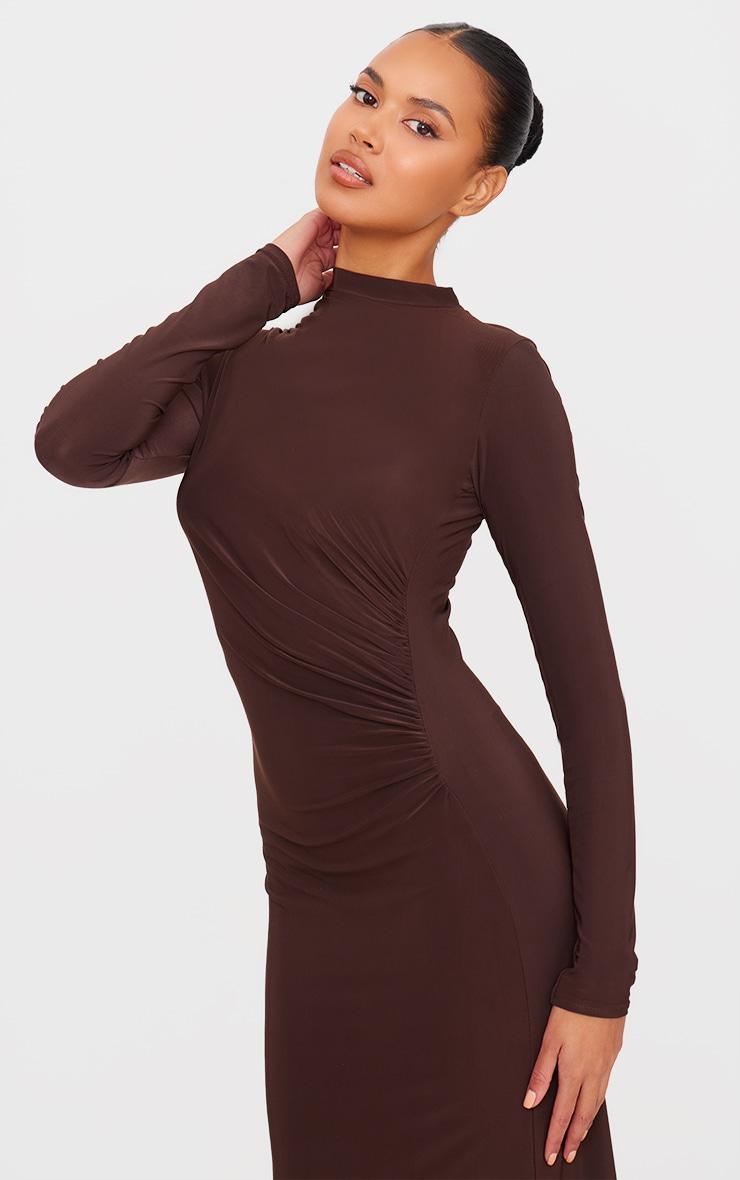 Chocolate Slinky Long Sleeve Maxi Dress Product Image