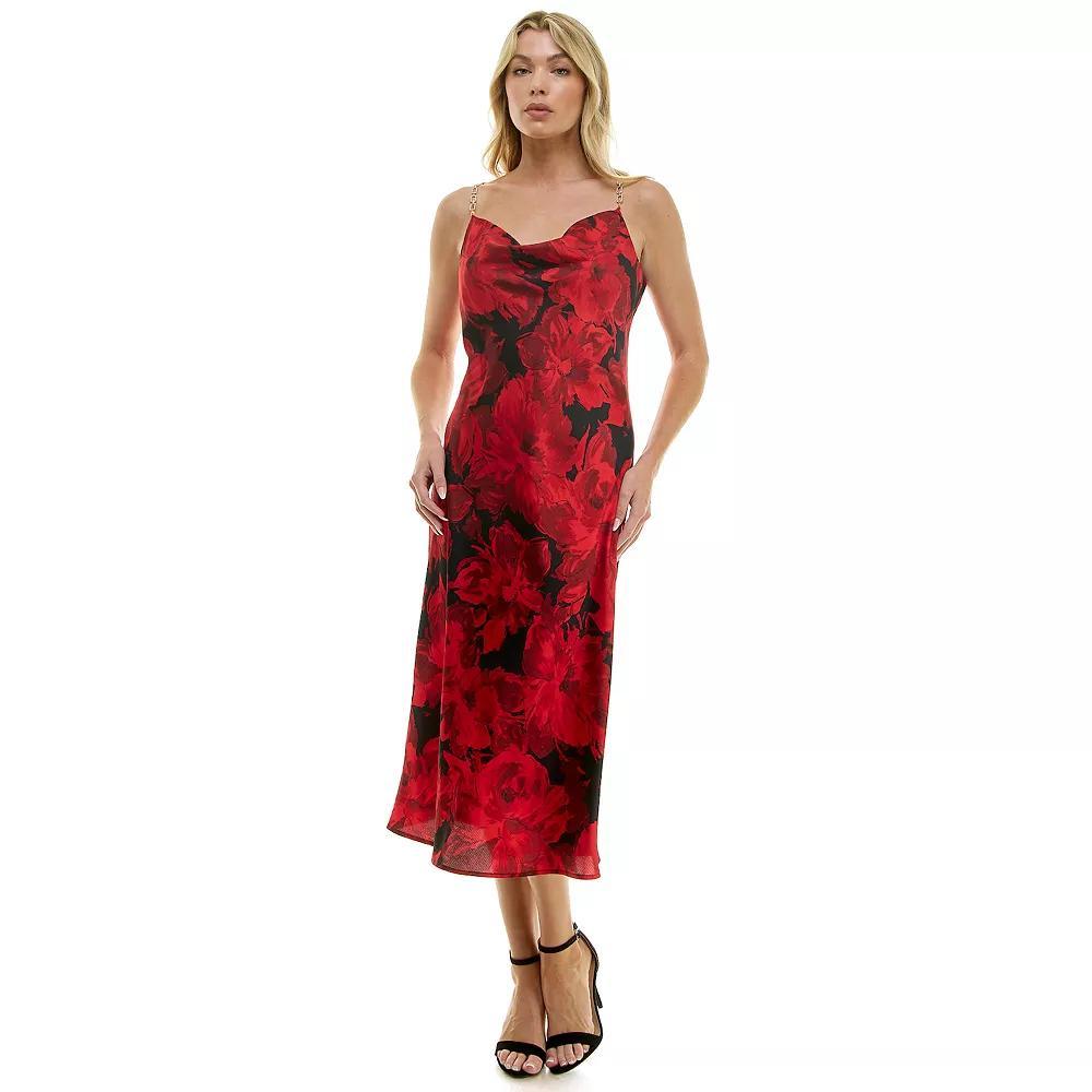 Women's Luxology Novelty Chain Strap Satin Midi Dress, Size: Medium, Gold Olive Ivory Product Image