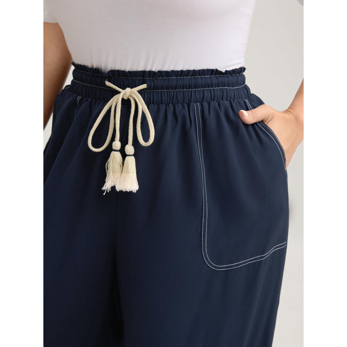 Plus Size Contrast Thread Detail Wide-Leg Pants Women Indigo Casual Loose Mid Rise Everyday-Casual Pants BloomChic 22-24/3X Product Image