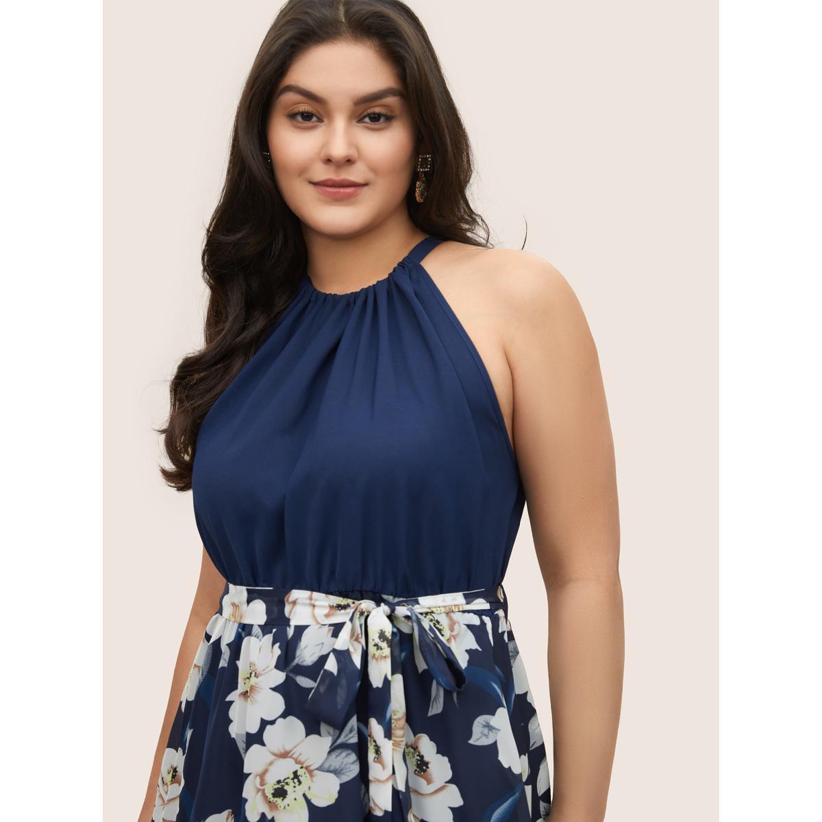 Plus Size Floral Patchwork Halter Ties High Low Hem Dress Indigo Women Elegant Non Halter neck Sleeveless Curvy Midi Dress BloomChic 30/6X Product Image