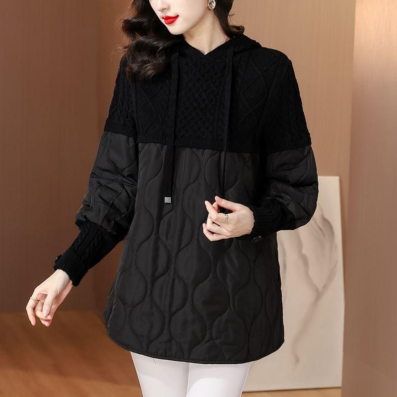 Plain Patchwork Hooded Cable-Knit Sweater Product Image