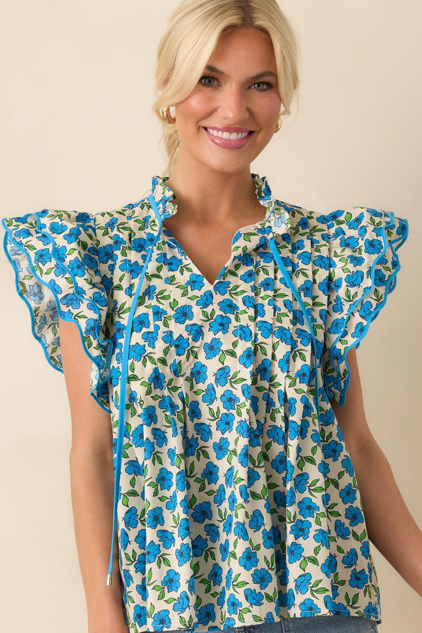 Window Shopping Blue Floral Cotton Flutter Sleeve Top Product Image
