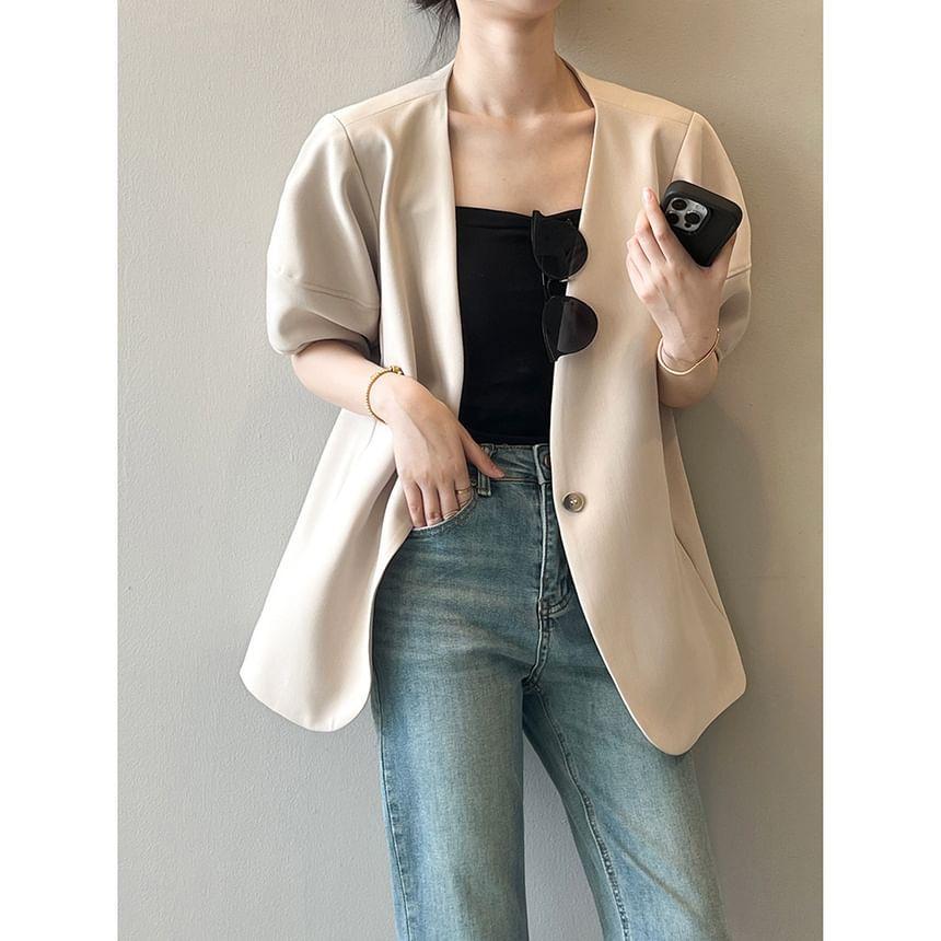 Elbow-Sleeve One Buttoned Plain Blazer Product Image