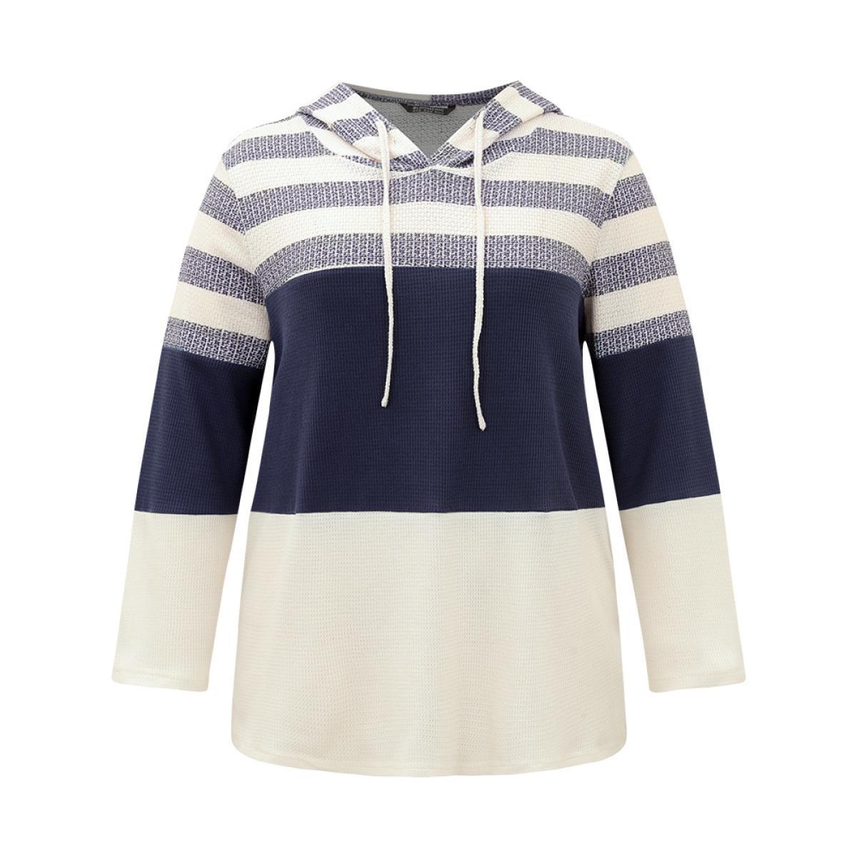 Plus Size Waffle Knit Striped Colorblock Hooded Sweatshirt Women Indigo Casual Contrast Hooded Dailywear Sweatshirts BloomChic 26/4X Product Image