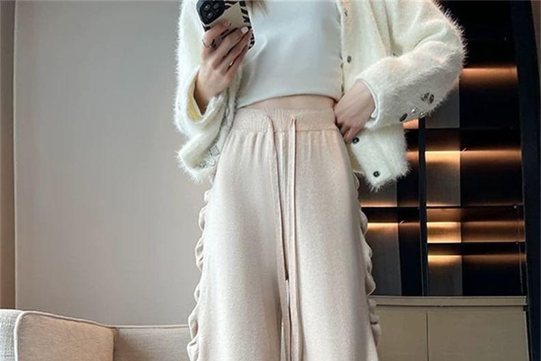 Drawstring Waist Plain Ruffle Trim Wide Leg Pants Product Image