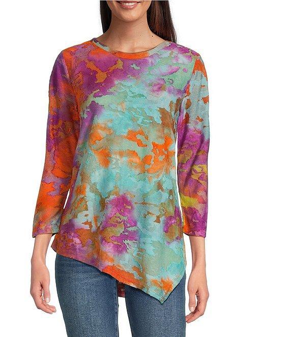 Calessa Burnout Tie-Dye Crew Neck 3/4 Sleeve Asymmetric Hem Tunic Product Image