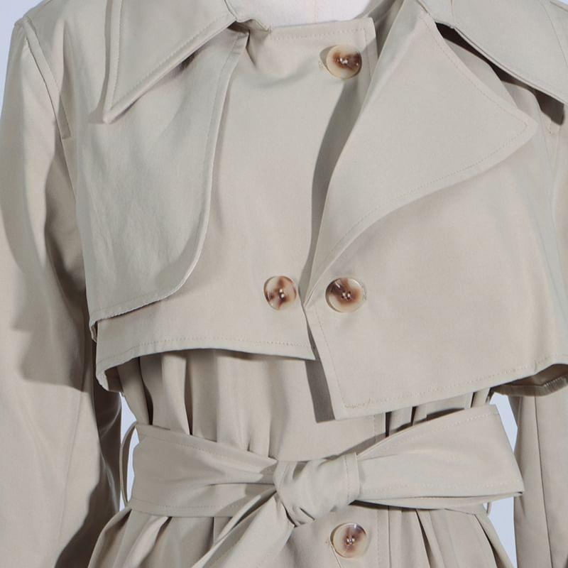 Collared Plain Panel High-Low Button Trench Coat Product Image