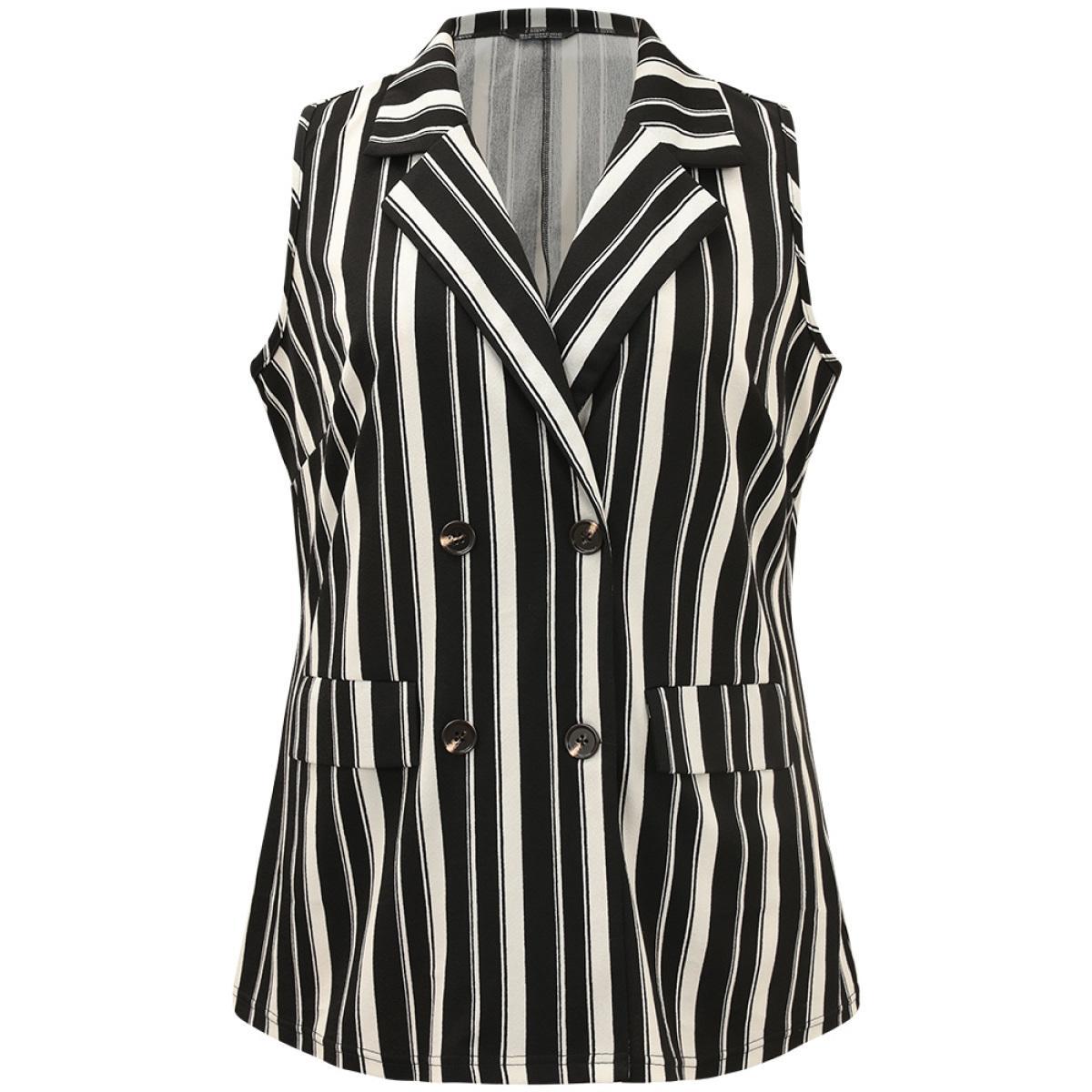 Plus Size Halloween Striped Pocket Double Breasted Lapel Collar Sleeveless Blazer Black Women Work Striped Contrast Sleeveless Sleeveless Lapel Collar 26/4X Pocket Office Blazers BloomChic Product Image