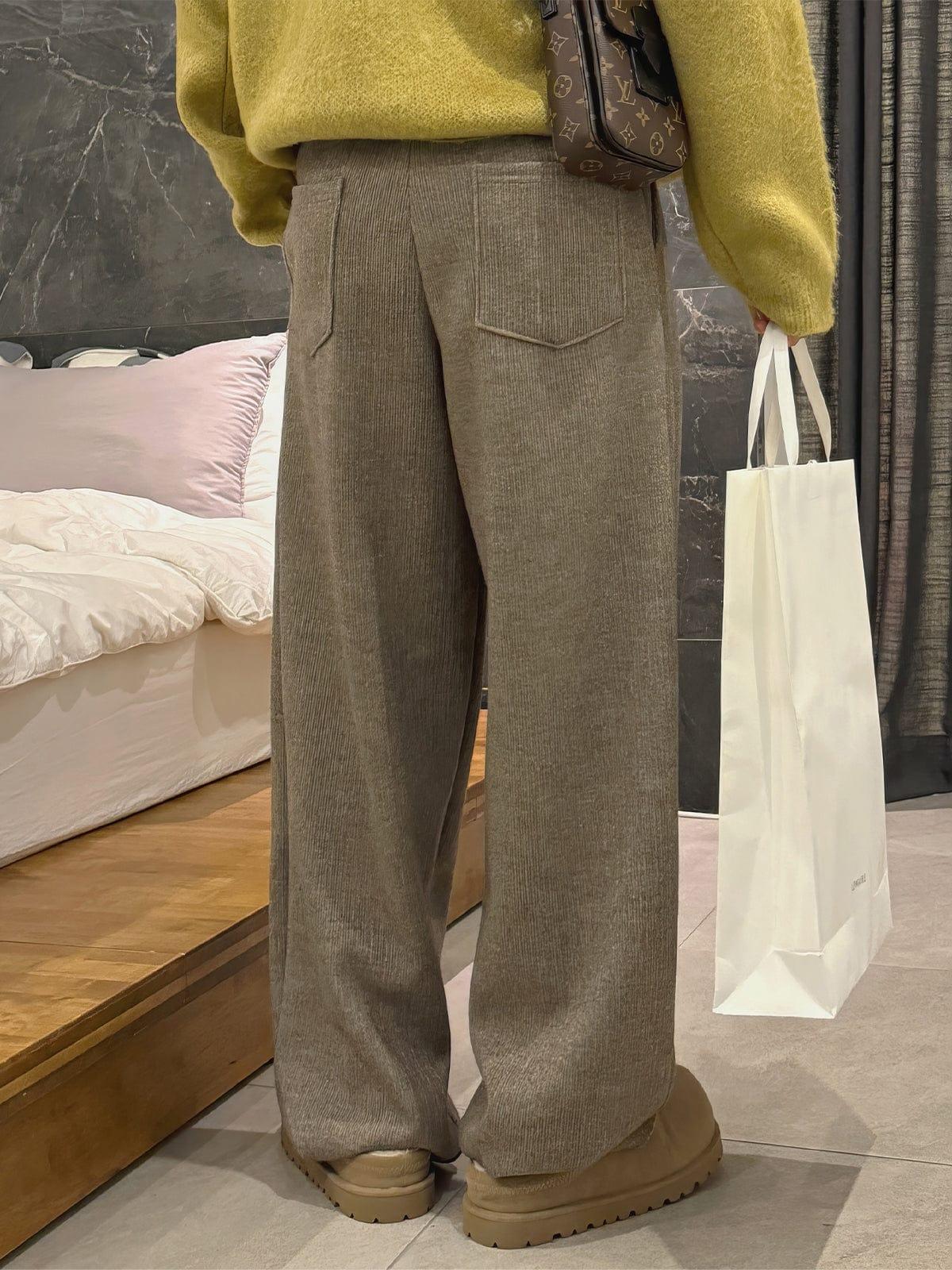 RT No. 12449 KHAKI PLEATED WIDE STRAIGHT PANTS Product Image