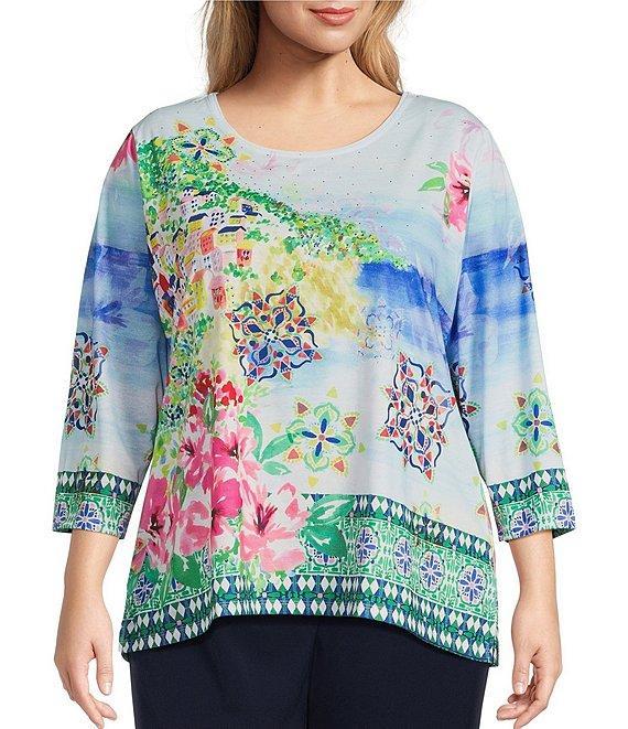 Allison Daley Plus Size Amalfi Coast Print 3/4 Sleeve Crew Neck Knit Top Product Image
