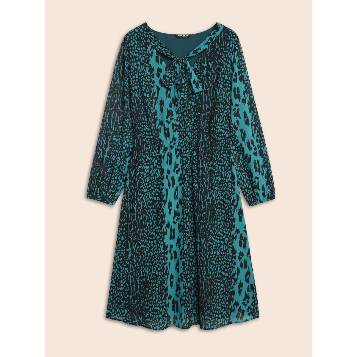 Plus Size Leopard Print Elastic Waist Tie Knot Dress Teal Women Elegant Tie knot Ribbon-tied collar Long Sleeve Curvy BloomChic 18-20/2X Product Image