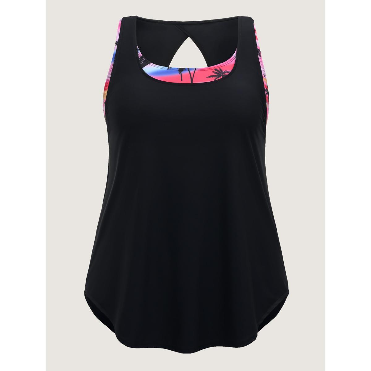 Plus Size Two-Piece Tropical Print Contrast Swim Top Women's Swimwear Black Beach Contrast High stretch Bodycon U-neck Curve Swim Tops BloomChic 28/5X Product Image