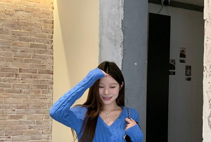V-Neck Plain Cable Knit Sweater / High Waist Wide Leg Pants Product Image