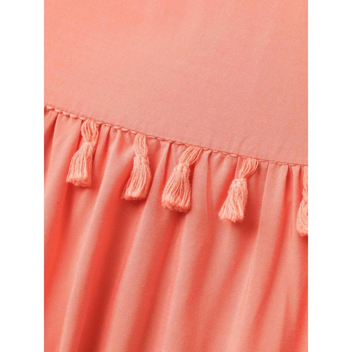 Plus Size Shirred Waist Tassels Tiered Solid Maxi Dress Coral Women V-neck Sleeveless Curvy BloomChic 12/L Product Image