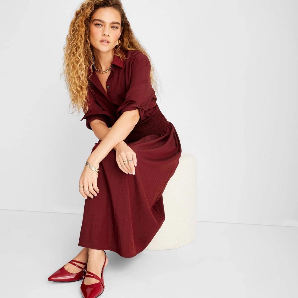 Womens Collared Long Sleeve Smocked Midi Shirtdress - Future Collective Burgundy XL Product Image