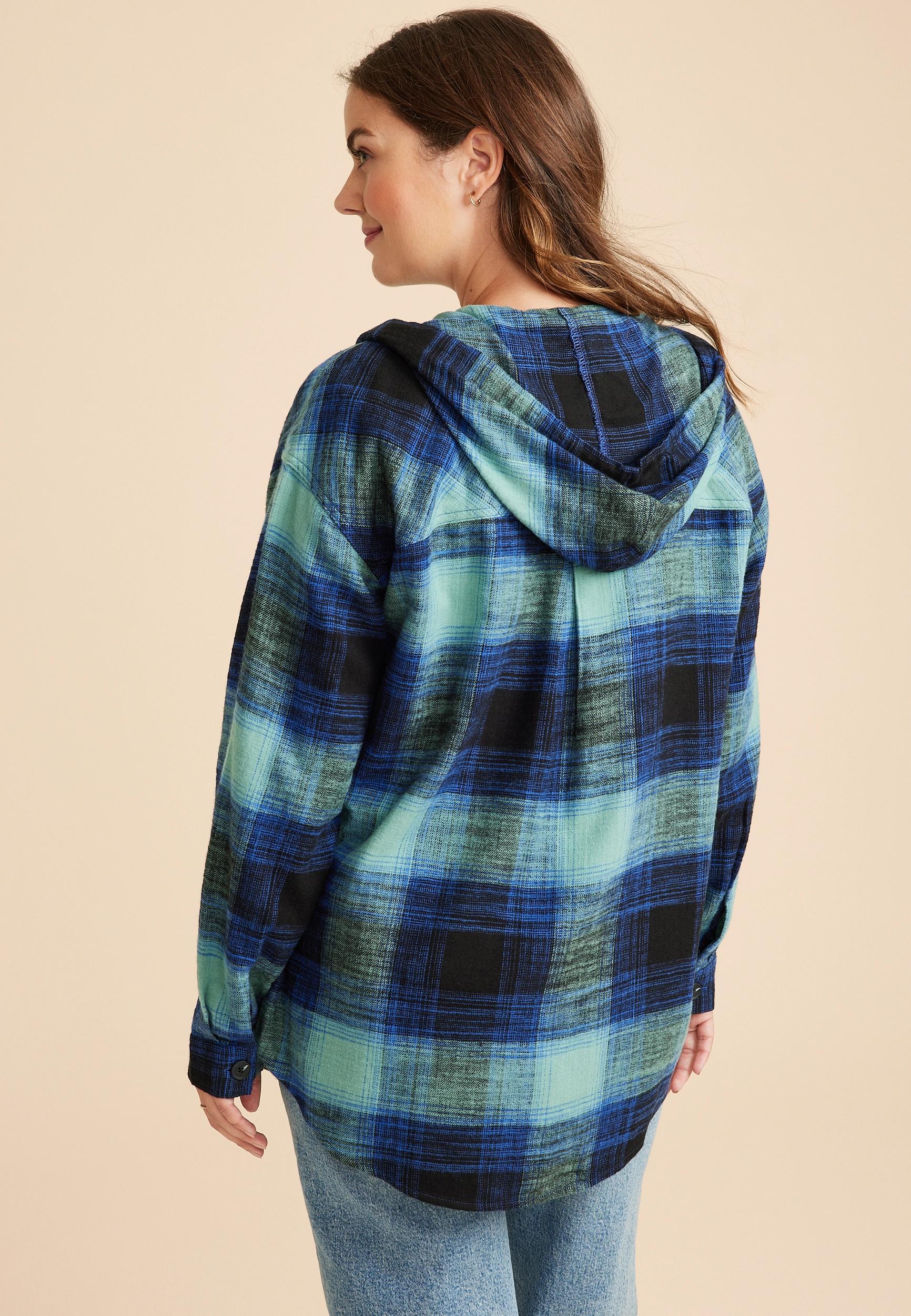 Maurices Womens Cabin Plaid Boyfriend Hooded Button Down Shirt Brown Size X Small Product Image