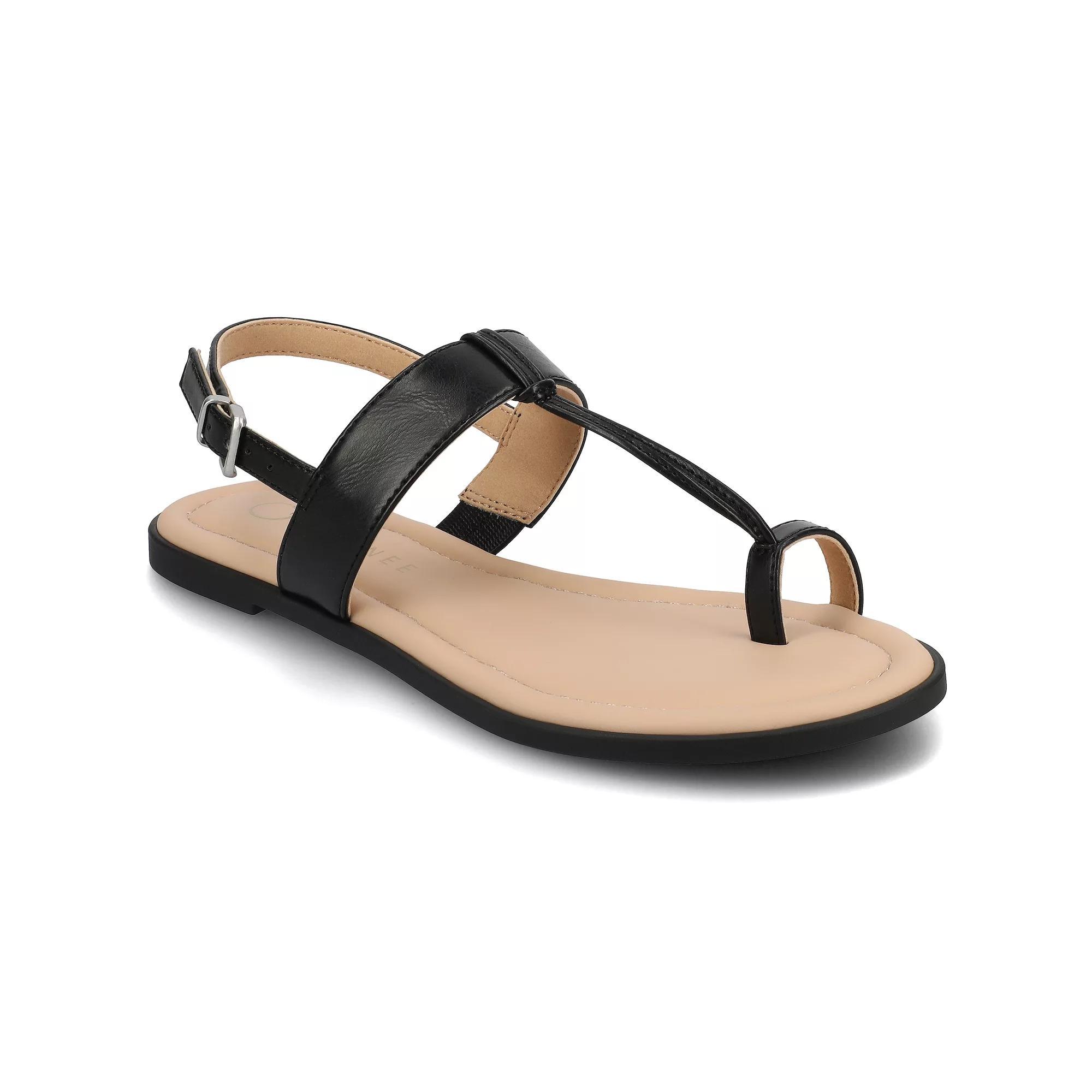 Journee Gerra T-Strap Toe Ring Women's Flat Sandals, Size: 7.5, Black Product Image