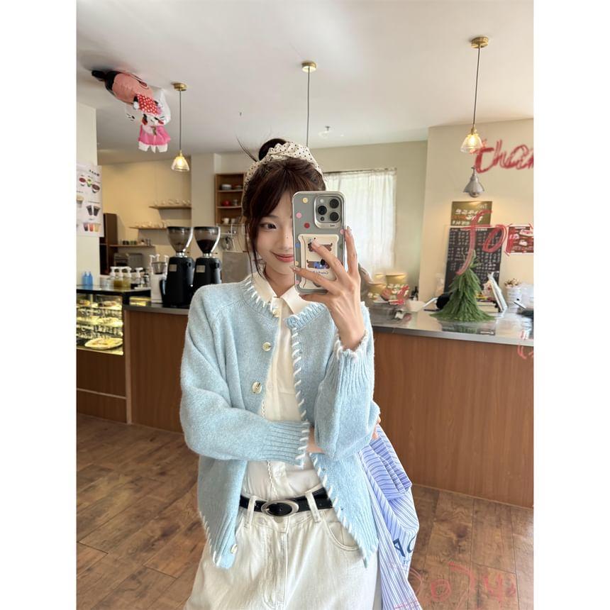 Round Neck Melange Contrast Stitching Cardigan Product Image