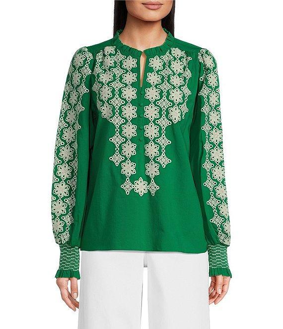 Gibson & Latimer Woven Embroidered Floral Ruffled Slit Round Button Front Neck Long Blouson Sleeve Hi-Low Shirttail Blouse Product Image