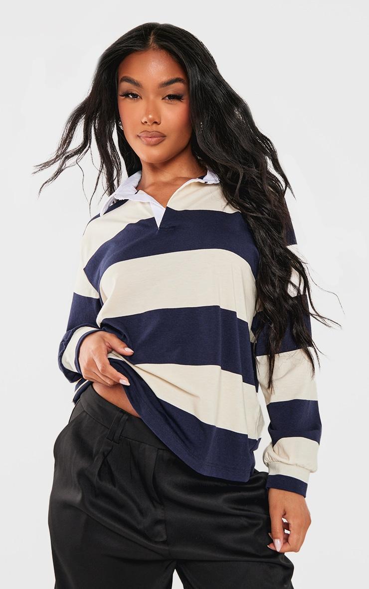 Navy Striped Collar Detail Long Sleeve T Shirt Product Image