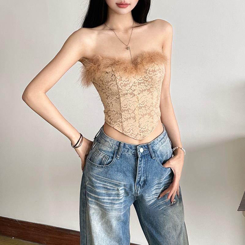 Fluffy Trim Lace Tube Top Product Image