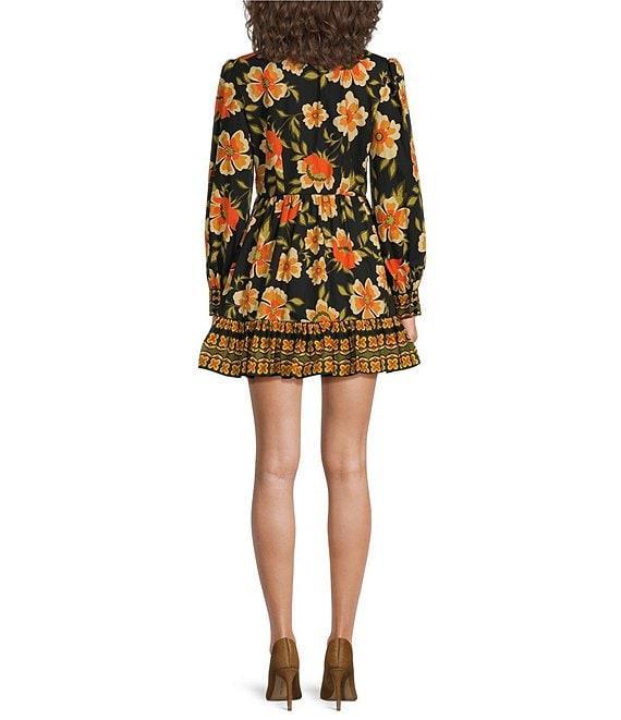 Chelsea & Violet Ella Woven Floral Print V-Neck Long Blouson Sleeve Button Front A-Line Ruffle Flounce Mini Dress Product Image