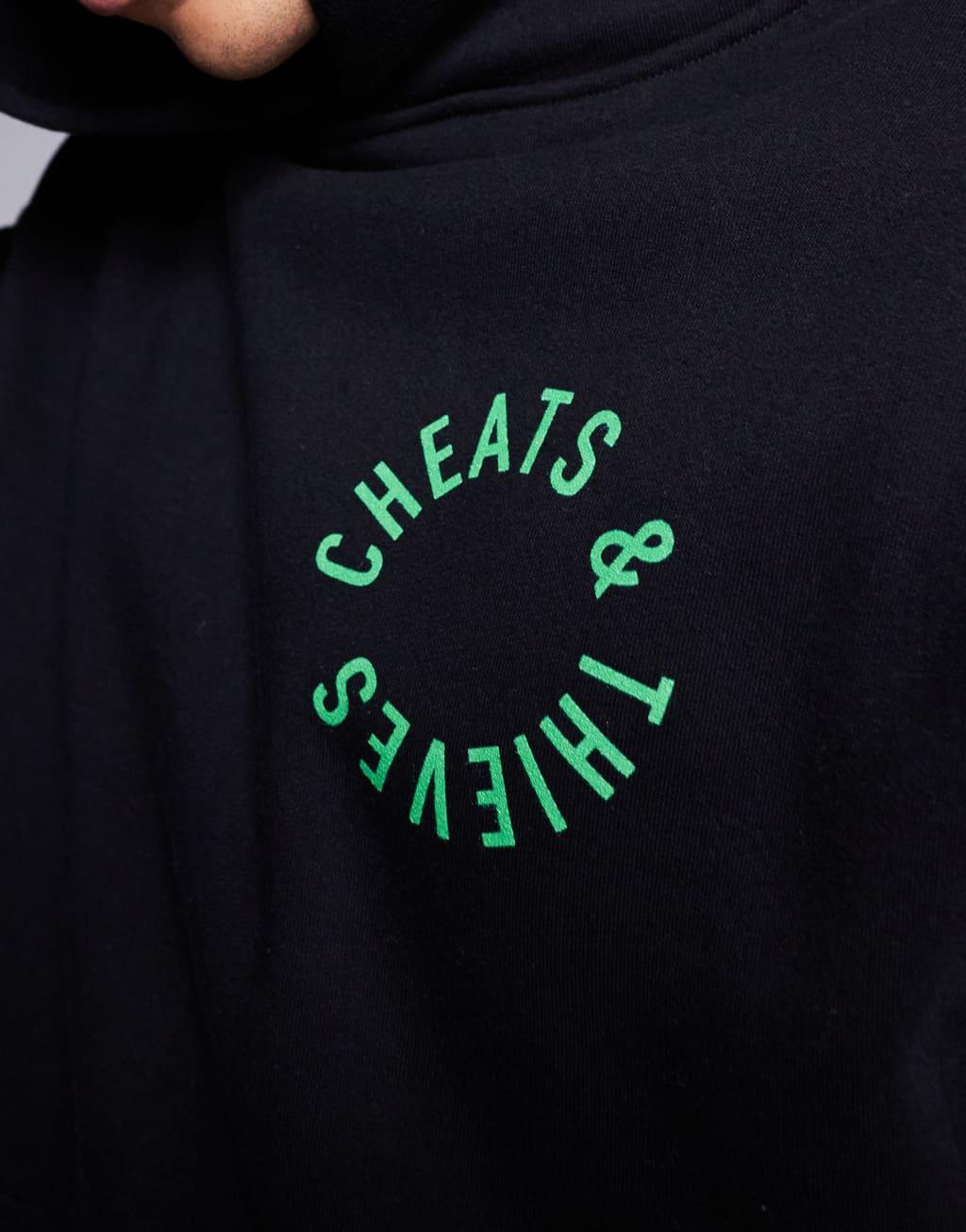 Cheats & Thieves logo back print 320gsm hoodie in black Product Image