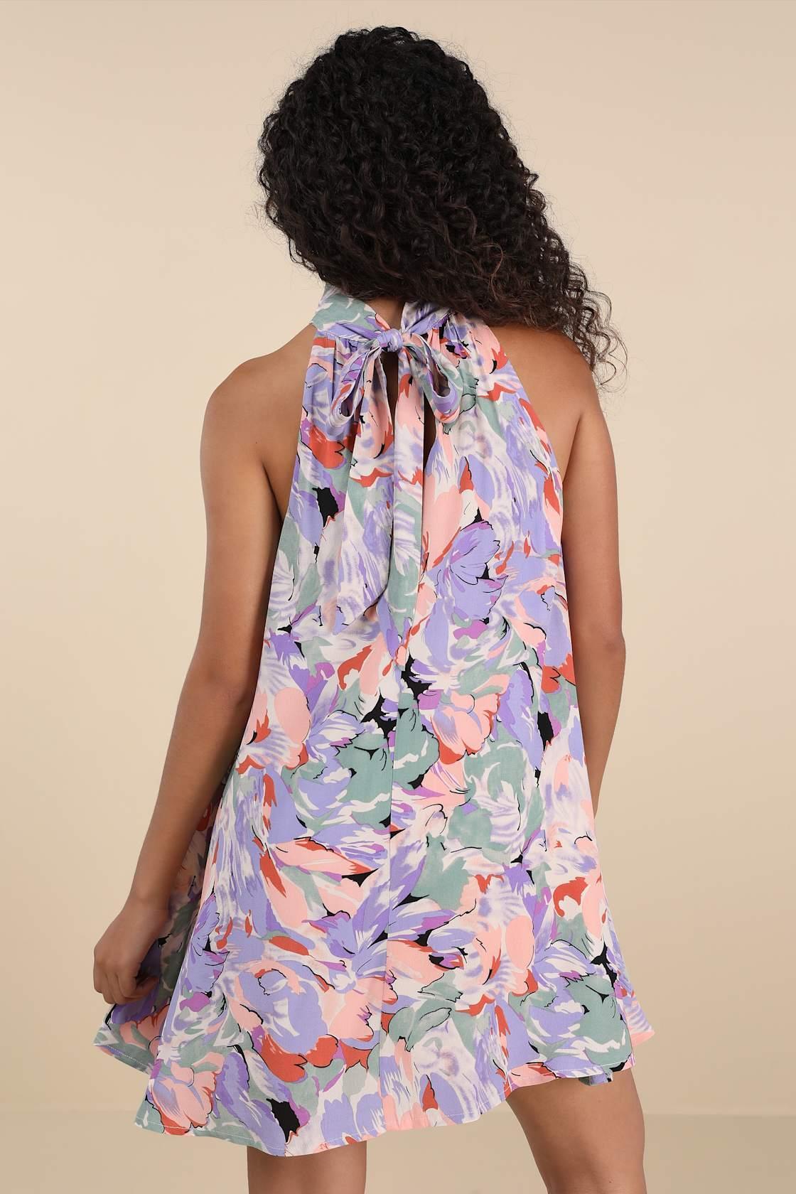 Tied Back To You Lavender Multi Floral Print Mini Shift Dress Product Image