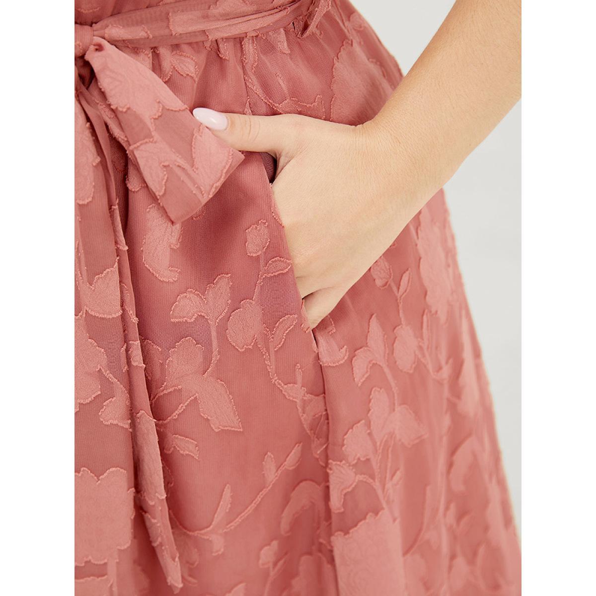 Plus Size Floral Print Ruffle Trim Wrap Belted Asymmetrical Tank Dress DustyPink Women Glamour Lined V-neck Sleeveless Curvy Midi Dress BloomChic 26/4X Product Image