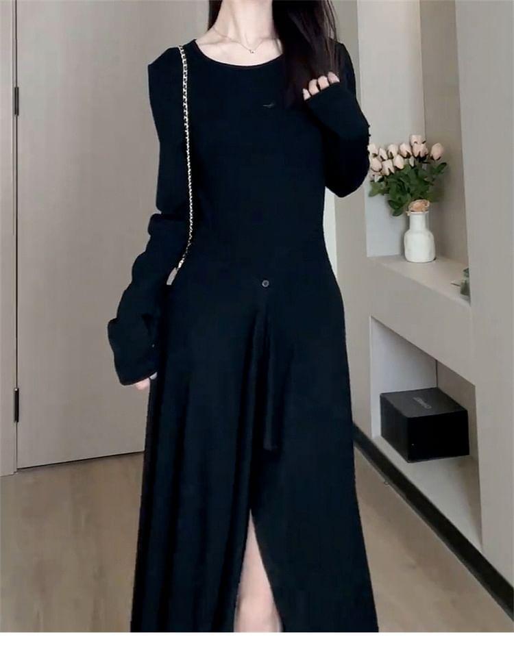 Long Sleeve Crew Neck Plain Slit Ruffle Hem A-Line Midi Dress Product Image