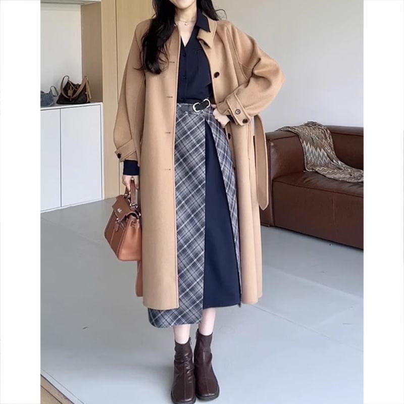 Mock Two-Piece Long-Sleeve Plaid Panel Shirtdress (Various Designs) Product Image