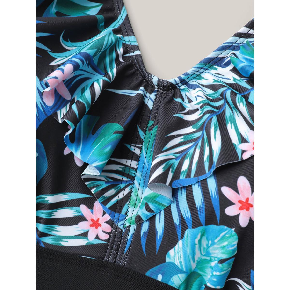 Plus Size Floral Print Spliced Ruffled Straps Swim Dress Women's Swimwear Black Beach Bodycon V-neck High stretch Curve Swim Dresses BloomChic 22-24/3X Product Image