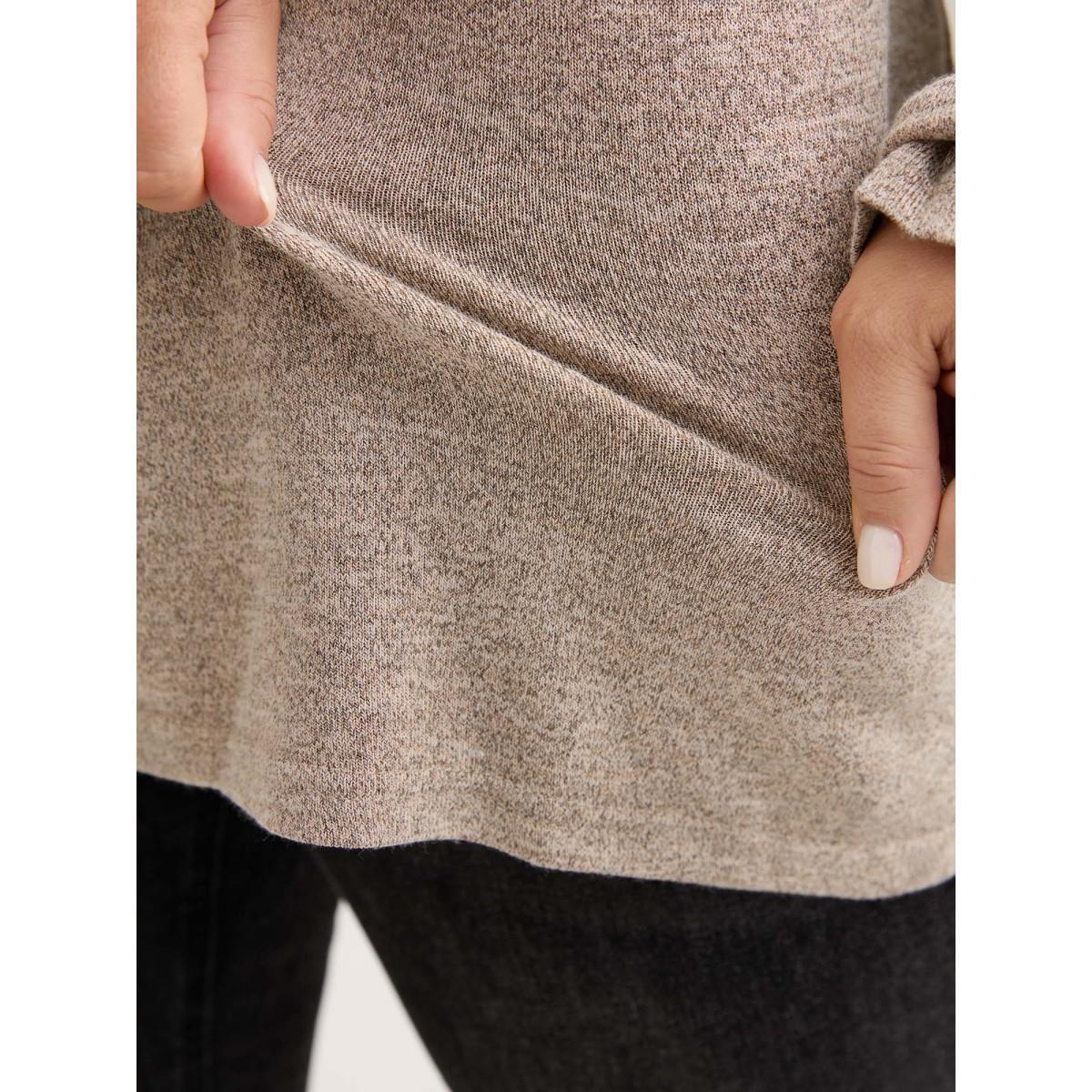 Plus Size Round Neck Heather Pleated T-shirt LightBrown Women Elegant Pleated Round Neck Loose Everyday T-shirts BloomChic 12/L Product Image