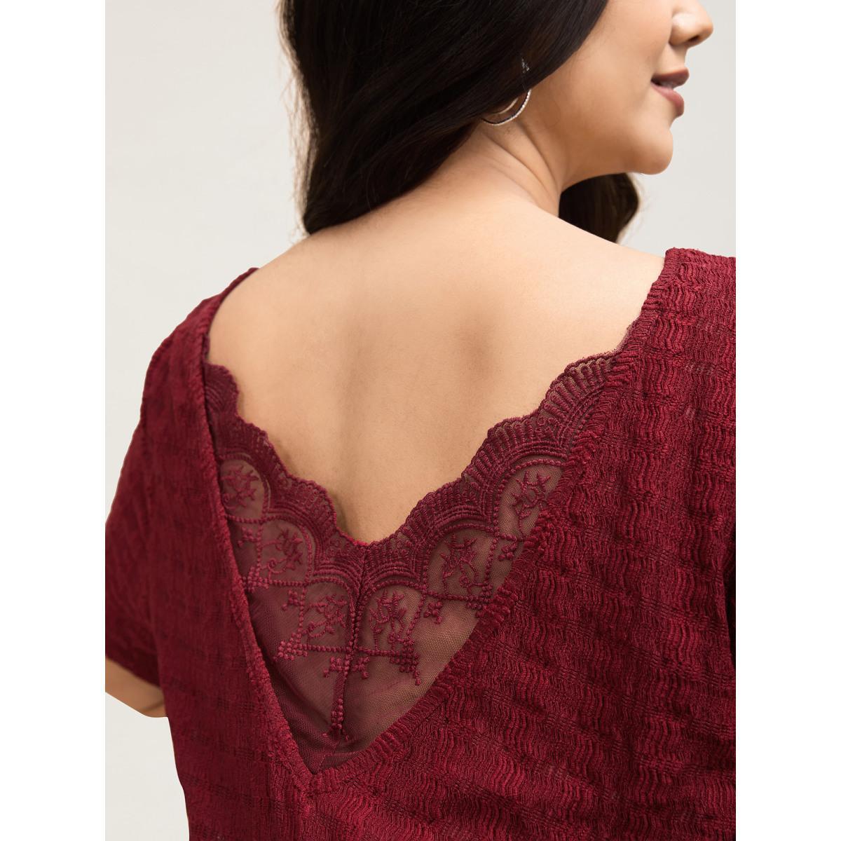 Plus Size Textured Back Lace Cut-Out Stretchy T-Shirt Burgundy Women Casual Texture Boat Neck Everyday T-shirts BloomChic 26/4X Product Image