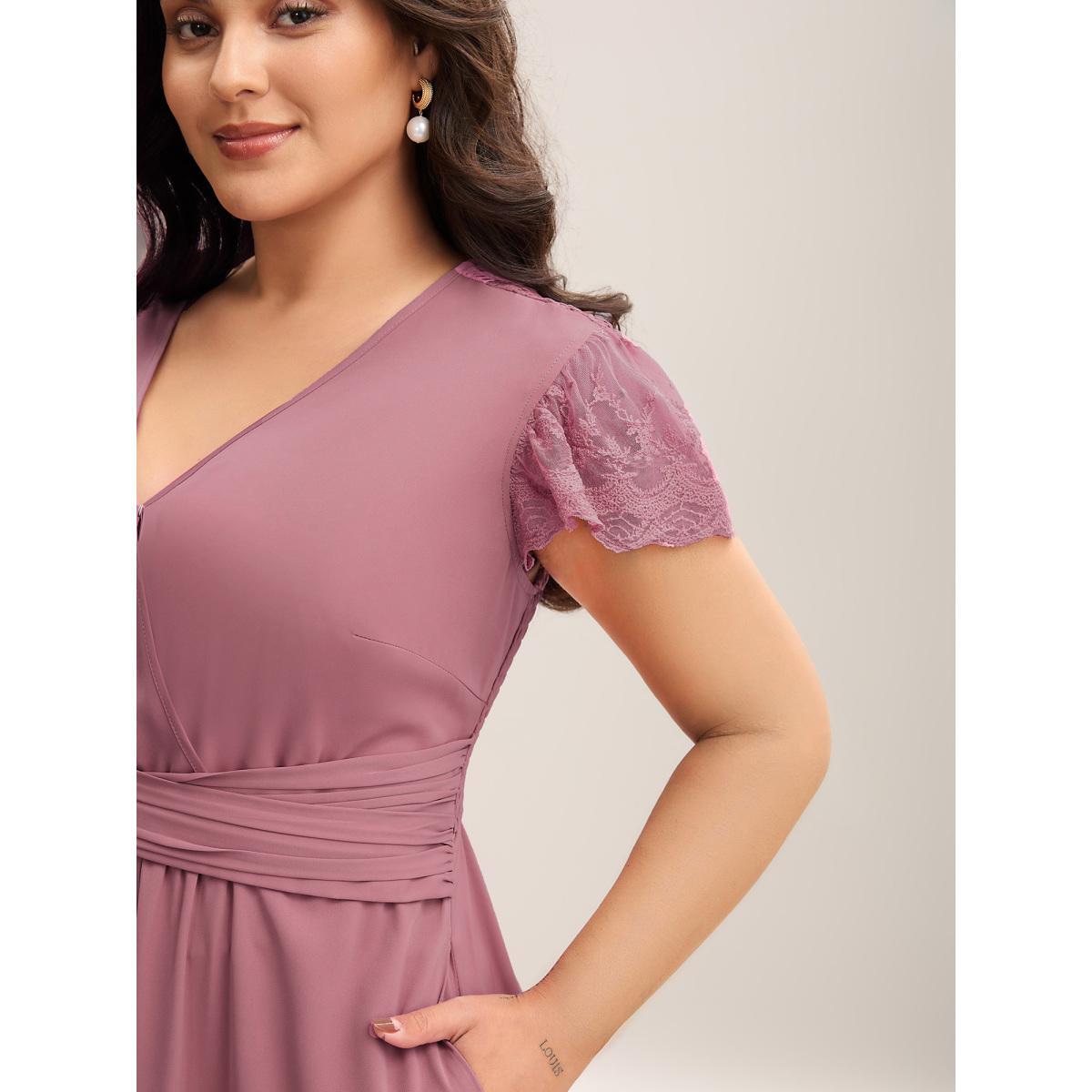 Plus Size Flutter Sleeve Lace Stretchy Waist Midi Dress DustyPink Women Elegant Woven ribbon&lace trim Overlap Collar Short sleeve Curvy BloomChic 26/4X Product Image