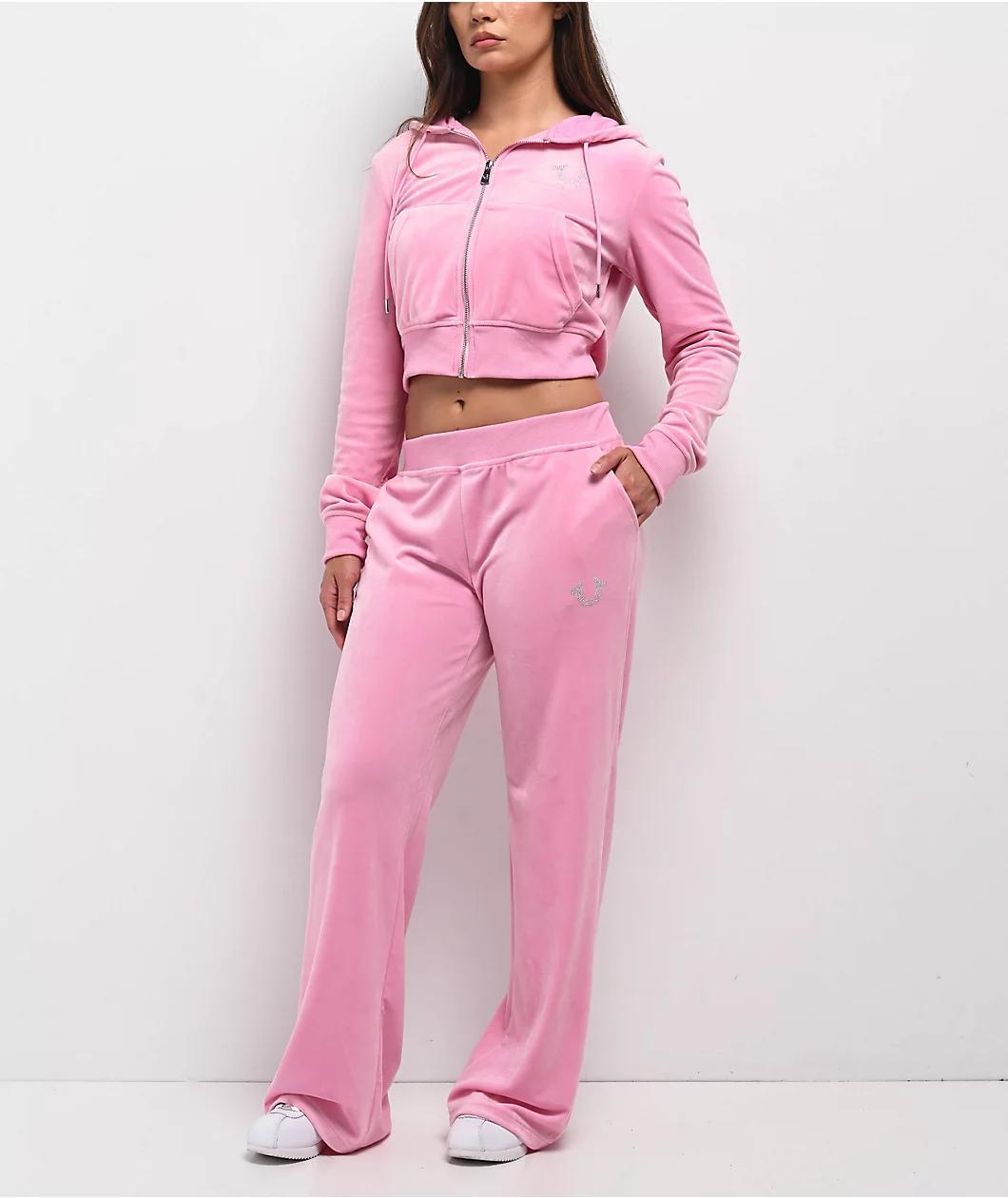 True Religion Pink Velour Crystal Shrunken Zip Hoodie Product Image