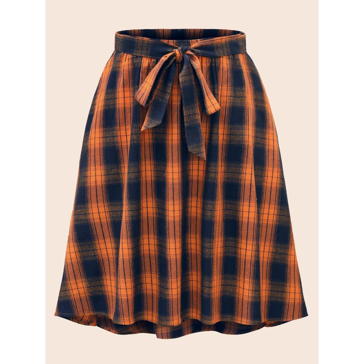 Plus Size Plaid Waist Tie A-Line Skirt Women Brightorange Elegant Tie knot No stretch Slanted pocket Belt Everyday Skirts BloomChic 30/6X Product Image
