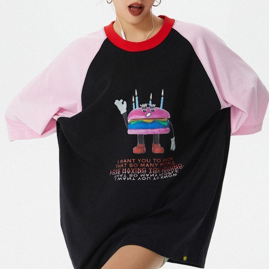 Cartoon Cake Lettering Color Block Short-Sleeve Top Product Image