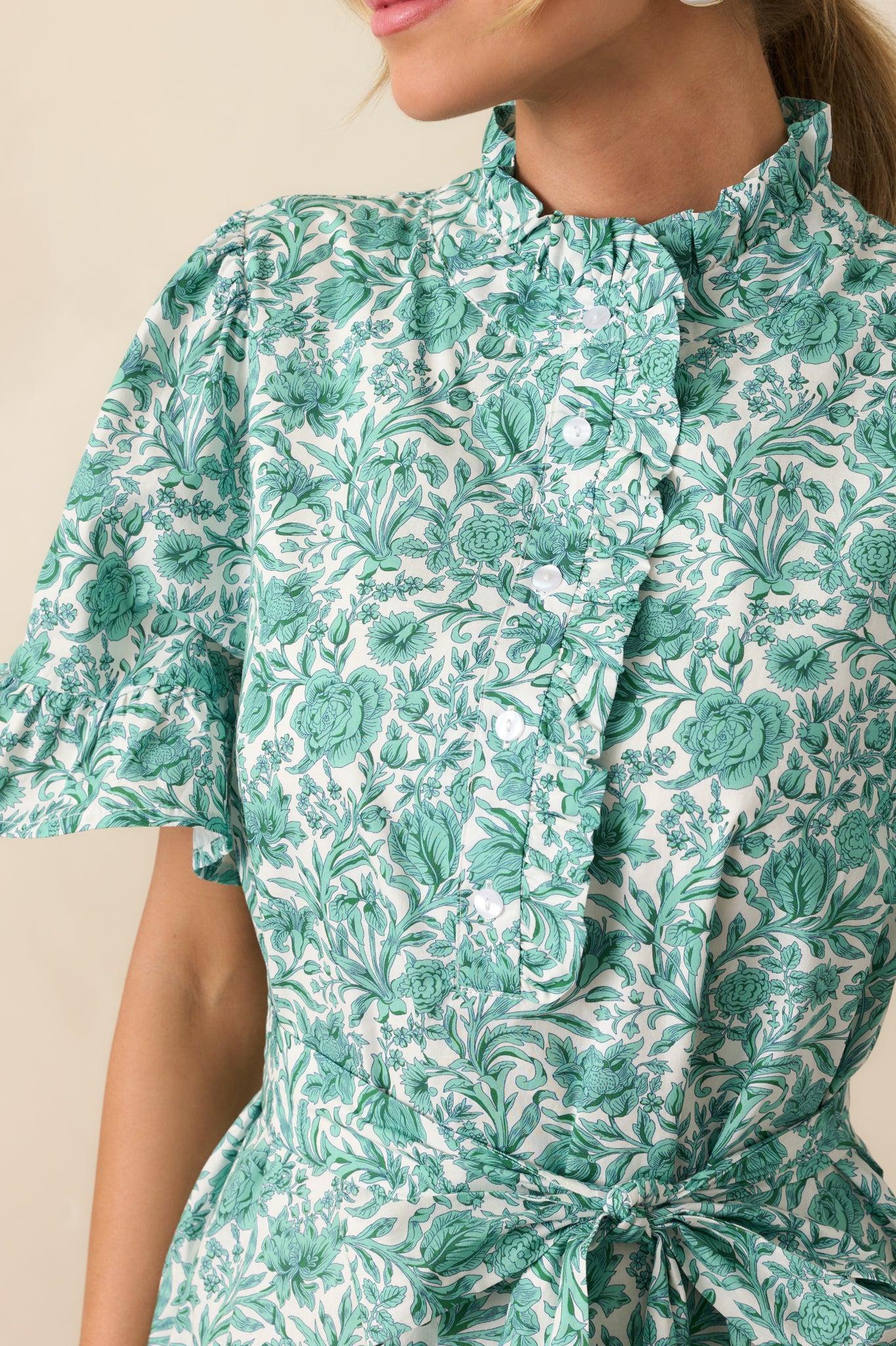 The Right Timing Teal Green Floral Cotton Mini Shirt Dress Product Image