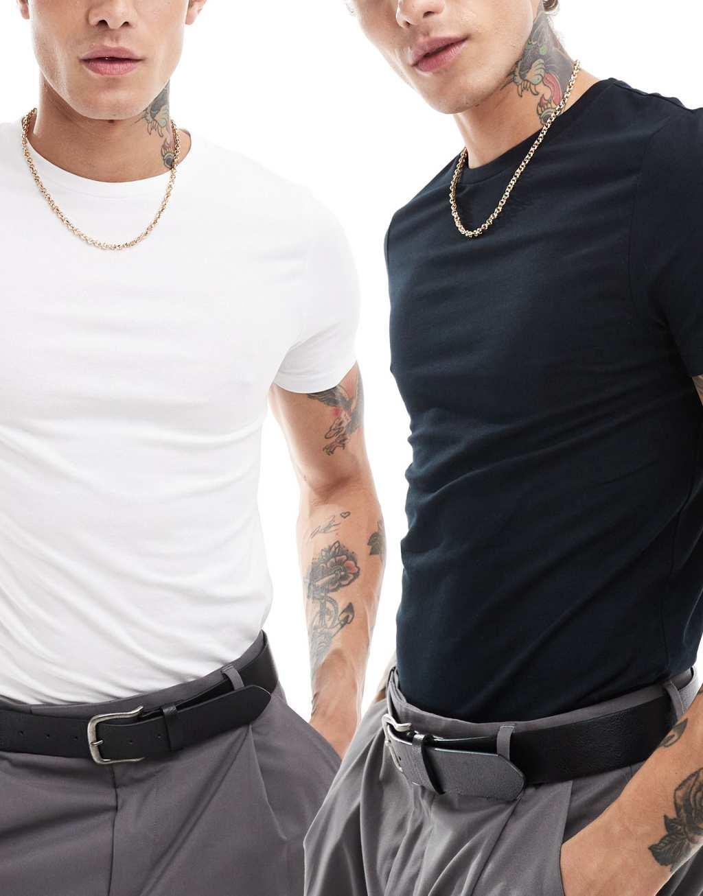 ASOS DESIGN essential 2 pack muscle fit t-shirts in black and white Product Image