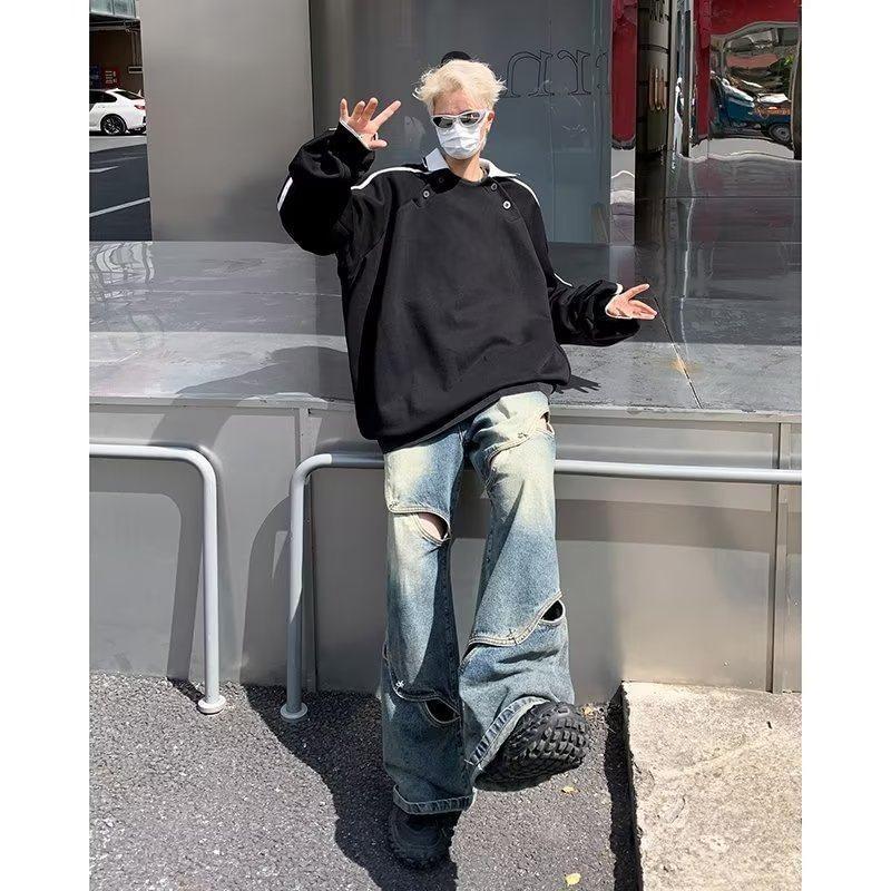 Contrast Trim Striped Oversized Polo Sweatshirt Product Image