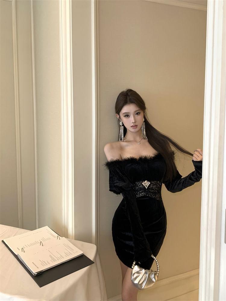 Long-Sleeve Off-Shoulder Fluffy Trim Velvet Mini Sheath Dress Product Image