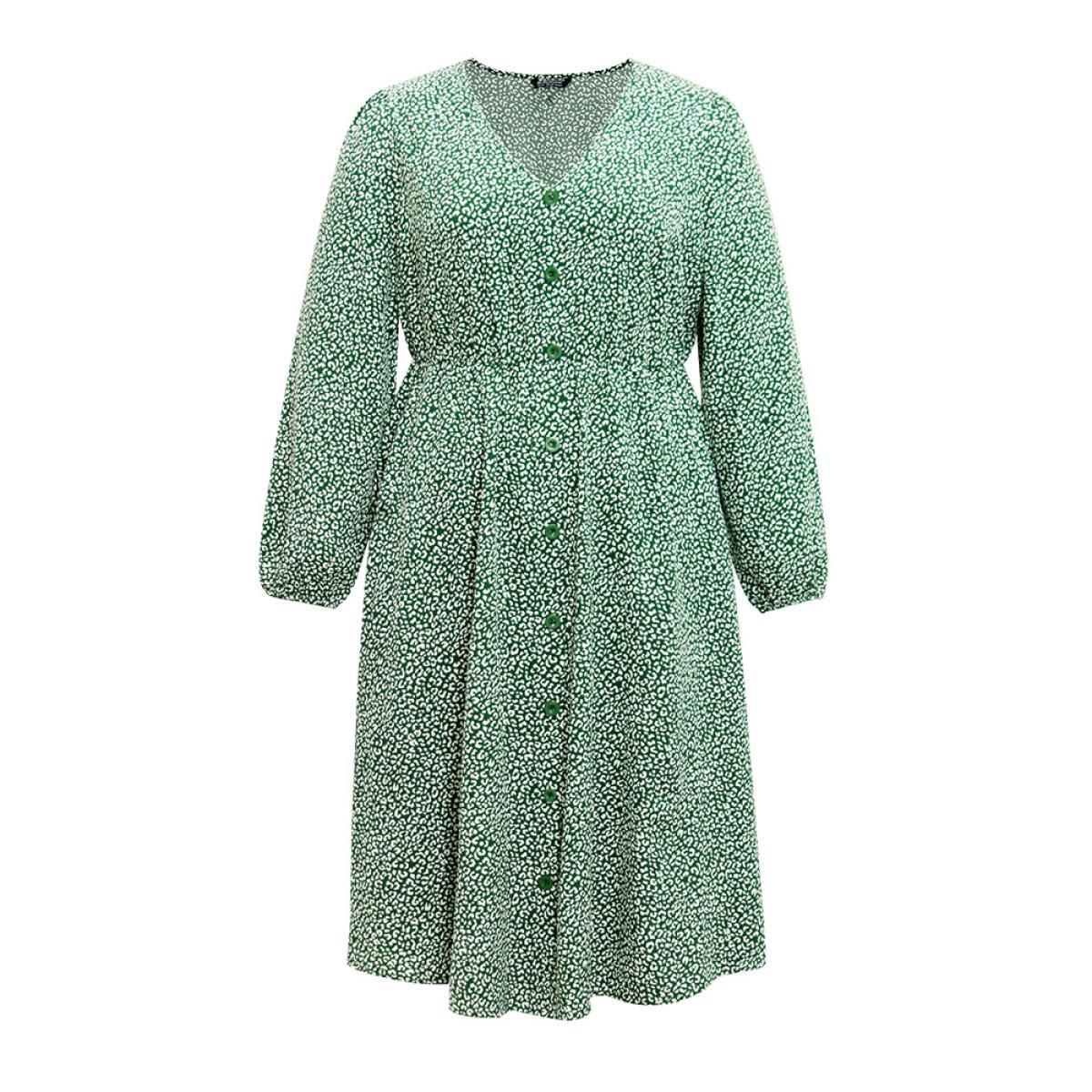 Plus Size Leopard Print Elastic Cuffs Button Detail Dress Green Women Elegant Elastic cuffs V-neck Long Sleeve Curvy Midi Dress BloomChic 26/4X Product Image